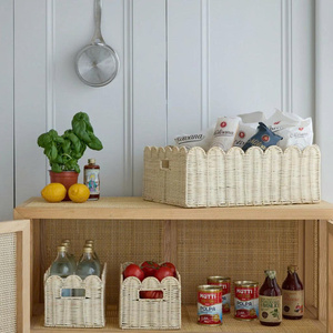 Handmade Decor Rectangle Rattan Storage Basket With Lid Scalloped Edge Wicker Box For Baby Nursery Kids Storage Toy Organizer - Product Image 6