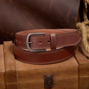 Nuevo Cinturón Casual de Cuero Marrón de Grano Completo de Doble Costura para Hombre, con Hebilla de Latón Plateado Mate, Ideal para Jeans - Product Image 2