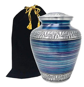 Urna a rayas azules y moradas vibrantes con grabado de hojas plateadas y un bolsillo negro. Único. Disponible a precios de mayorista. - Product Image 1