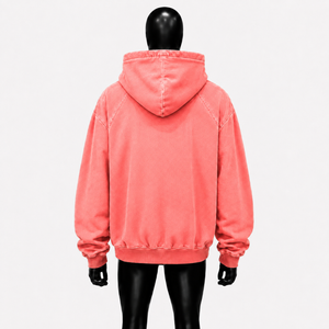 Sudadera con capucha extragrande rosa coral lavado con cremallera completa, estilo vintage streetwear, corte holgado y bolsillos de parche - Product Image 2
