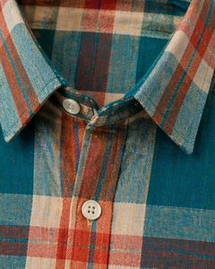 Camisa casual a cuadros azul verdoso y naranja personalizada para hombre, corte ajustado, manga larga, con botones, de algodón, elegante, de calidad premium. - Product Image 4