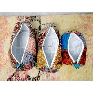 Set 3 Eco-Friendly Handmade Cotton Kantha Quilted multicolor Floral for Toiletry Bags Indian White Floral Printed <b>Case</b> Organizer - Product Image 4