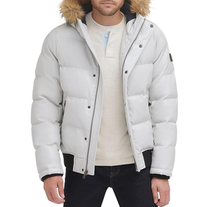 Veste d'hiver décontractée pour homme en duvet blanc avec capuche en fourrure, coupe régulière, fermeture éclair, couleur unie, coupe-vent - Product Image 1