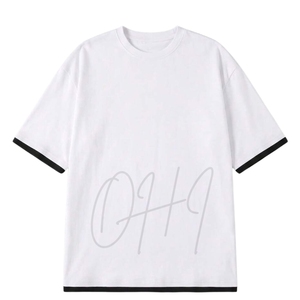 เสื้อยืดคอกลมโอเวอร์ไซส์สีขาวสำหรับผู้ชาย แต่งขอบสีดำตัดกัน ผ้าฝ้าย 100% แบบลำลอง พิมพ์ลายดิจิทัล - Product Image 4