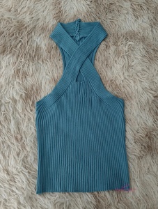 Top de tirantes sexy para mujer, personalizado, de punto acanalado, sin mangas, con tirantes cruzados, cuello halter, ajuste ceñido, a la moda, informal, para verano - Product Image 5