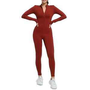 Combinaison-pantalon en velours taille haute pour femme, décontractée, à manches longues, patchwork, avec fermeture éclair, style streetwear - Product Image 4