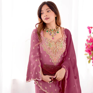Designer Embroidery <b>Silk</b> <b>Kurta</b> Palazzo Suit Set with Full Sleeves & Dupatta | Premium Festive Wear Collection - Product Image 1