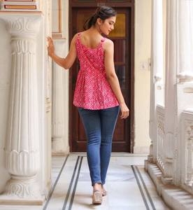 <b>Womens</b> <b>Pink</b> Rayon Bandhej Printed Regular Fit Sleeveless <b>Top</b> With Round Neck Designed For Global Casual Summer Everyday Wear - Product Image 2