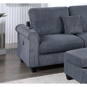 Set Divano Sezionale Contemporaneo in Velluto a Coste Grigio Scuro 3 Pezzi con Chaise Longue e Pouf per Soggiorno - Product Image 6