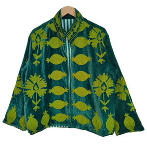 Chaqueta de terciopelo Suzani bordada a mano, abrigo artesanal verde de arte popular, chaqueta étnica bohemia para mujer, mayorista indio - Product Image 1