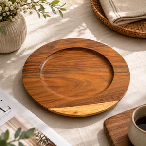 Handcrafted Round Wooden Serving Tray | Decorative <b>Snack</b>, Fruit & Coffee Table Serving Platter 12 Inch - Product Image 6