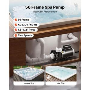 Pompa per Vasca Idromassaggio SPA 2HP, 2 Velocità, Telaio 56, Porta da 1.5" e 2", 230V, 168 GPM (alta portata), 68 GPM (bassa portata), Rotazione a 90 Gradi - Product Image 2