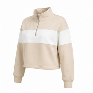 Customize Oat Beige <b>Womens</b> Drop Shoulder <b>Half</b> <b>Zip</b> Cropped <b>Sweatshirt</b> Colorblock Panel Midweight Fleece - Product Image 2
