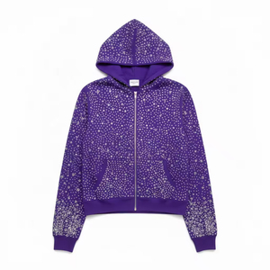 Prix d'usine – Nouvelle veste à capuche zippée oversize en molleton de coton mélangé avec strass sur toute la surface, personnalisable avec logo, pour homme – Collection Hiver Glamour - Product Image 6