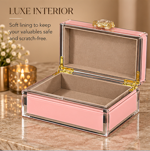 Blossom <b>Pink</b> Glass Jewelry Storage Box with Natural Stone Accent Gold Edging Glossy Finish Soft Lining Decorative Keepsake Organ - Product Image 1