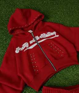 Ensemble court décontracté pour femme, sweat à capuche court zippé avec rivets et strass, imprimé lettres vintage en jersey, collection automne - Product Image 2