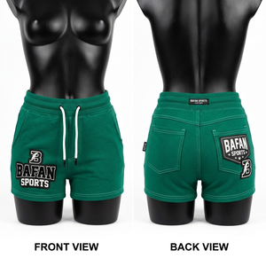 Shorts de sport pour femmes en coton mélangé 240 GSM, respirants, doux, extensibles, verts, avec logo brodé personnalisé. - Product Image 4