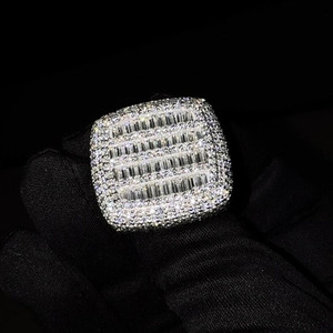 Baguette & Round Cut Moissanite Diamond Dome Engagement <b>Ring</b> Iced Out Style Hip Hop <b>Statement</b> <b>Ring</b> for Men's 925 <b>Silver</b> Jewelry - Product Image 3