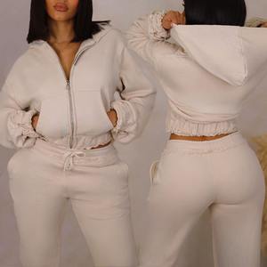 Ensemble de sport décontracté 2 pièces pour femme : veste à capuche zippée et pantalon à cordon de serrage pour activités sportives en plein air (vente en gros) - Product Image 2