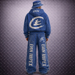 Proveedor de ropa de moda: Conjunto de sudadera con capucha y pantalones de chándal para hombre, con pedrería, oversize, corto, con lavado ácido, con cremallera y efecto desgastado - Product Image 2