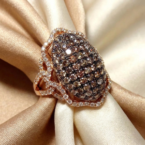 Solid 18k Rose Gold Natural Brown Champagne Diamond Oval Dome Cocktail Ring Genuine White Halo Pave Cluster Statement Wedding - Product Image 1