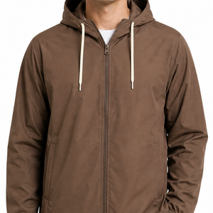 Veste coupe-vent athlétique légère et résistante à l'eau pour homme, couleur marron unie, à capuche et fermeture éclair, pour activités de plein air - Product Image 2