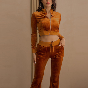 Conjunto de chándal de terciopelo con capucha corta y cremallera para mujer, de dos piezas, informal, al por mayor - Product Image 2