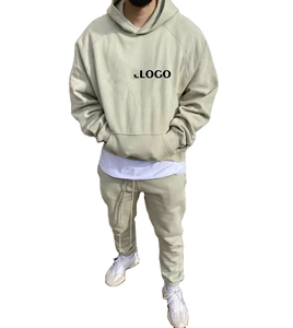 Minimalist Custom Mens Sweatsuit Plain Beige Pullover Sweatshirt Cuffed Joggers <b>Set</b> Casual Loungewear Tracksuit - Product Image 3