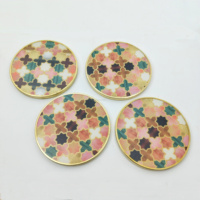 Sous-verres en bois faits à la main, motif géométrique classique en cercle, bordure dorée, blanc élégant, pour la maison, le bureau, la salle à manger