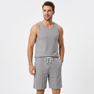 Men Ribbed Tank Top and Shorts Set Solid Gray Casual Summer Two Piece Outfit Pleated Drawstring Shorts Wear made in Bangladesh - Product Image 4