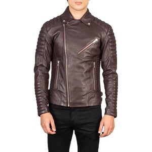 <b>Men's</b> Genuine <b>Leather</b> Moto <b>Jacket</b> Slim Fit Brown Zipper Closure Turn-down Collar Regular Length Autumn Style - Product Image 5