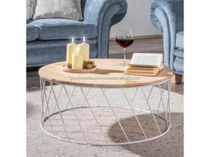 Mesa de Centro Moderna Redonda de Madera de Mango con Base de Alambre |   Superficie de Madera |   Mesa Decorativa para Sala de Estar |   Mesa Auxiliar Contemporánea - Product Image 6