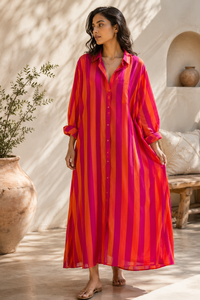 Custom Striped Printed Pure Cotton <b>Kaftan</b> Dress Women <b>Summer</b> Casual Boho Maxi Dress Long Sleeve Beach Wear Loose Fit Gown - Product Image 6
