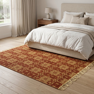 Tapis en laine à motifs géométriques orange rouille et moutarde, style folk moderne, avec franges, écologique, antidérapant, tufté à la main - Product Image 3
