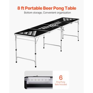 Table de beer pong portable de 8 pieds, pliable, avec poignées de transport, 6 balles, hauteur réglable, légère, mobilier de camping - Product Image 2