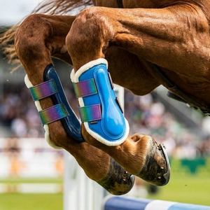 Botas de equitación de cuero sintético PU azul real premium con forro de lana suave, protección de tendones y correas de velcro con brillo iridiscente. - Product Image 5