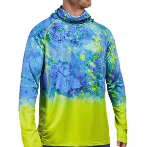 Chemise de performance à manches longues à capuche pour homme, imprimée par sublimation, séchage rapide, bleu vert tie-dye, tenue décontractée d'été - Product Image 1