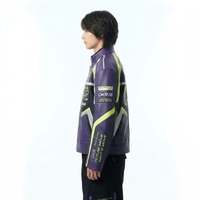 Blouson de moto coupe-vent à col montant, style motard, avec blocs de couleur violet et vert, fermeture éclair, pour la nuit