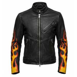 FURAT <b>LEATHERS</b> <b>Mens</b> Distressed <b>Leather</b> <b>Jacket</b> Handmade Biker Motorcycle Coat Fire Sleeve Stand Collar Front Logo Breathable - Product Image 4