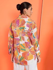 Women's Sunset Floral Oversized Cotton Shirt – Casual Vacation Wear with <b>Balloon</b> Sleeves & Button-Down Front - Product Image 2