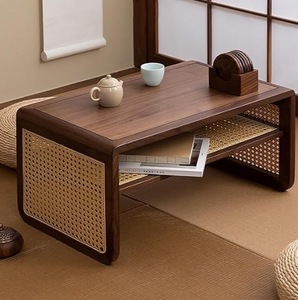 Modern <b>Walnut</b> Wood Cane Webbing <b>Coffee</b> <b>Table</b> - Product Image 1