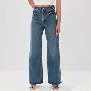 กางเกงยีนส์เดนิมผู้หญิงทรงวินเทจ ทรงสลิม ทรงตรง ทรงหลวม แต่งคริสตัล สไตล์สตรีทแฟชั่น - Product Image 1