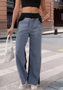 TRIBON SPORTS Jeans de mezclilla de mujer de talle alto, pierna recta, lavado a la piedra, con rayas laterales en contraste, corte regular, longitud completa, casual - Product Image 3