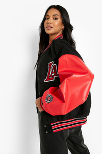Chaqueta bomber universitaria personalizada de alta calidad en negro/rojo para mujer, chaqueta de béisbol para mujer - Product Image 4
