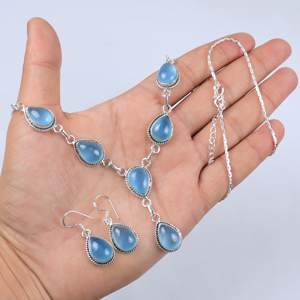 Ensemble de bijoux en argent sterling 925 avec pierres précieuses naturelles de calcédoine bleue en forme de goutte et boucles d'oreilles assorties, vente en gros - Product Image 6