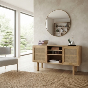 Rustic Wood Cabinet Rattan Door Storage <b>Sideboard</b> Balinese Handcrafted Buffet <b>Kitchen</b> Cupboard Home Furniture Display Item Tops - Product Image 3