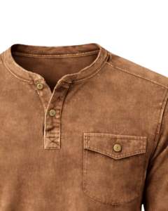 Sudadera Henley de Manga Larga para Hombre, Lavado Ácido, Color Camel Marrón, Estilo Casual con Botones y Bolsillos, Prenda de Invierno, Algodón, Corte Ajustado - Product Image 5