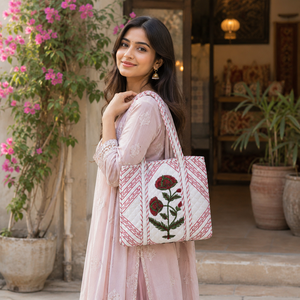 Hermosa Bolsa Grande de Algodón Acolchado con Estampado Floral Rojo Hecho a Mano en Jaipur para Mujeres y Compradoras de Boutiques - Product Image 3