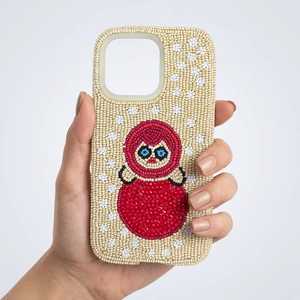 Handmade Glass Beaded Embroidered <b>Phone</b> Case Cream White Floral Red Angel Pattern Rectangular - Product Image 5