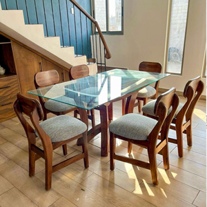 Modern Glass <b>Top</b> Dining <b>Table</b> Set <b>Solid</b> Teak <b>Wood</b> Chair Furniture Manufacturer Indonesia - Product Image 1